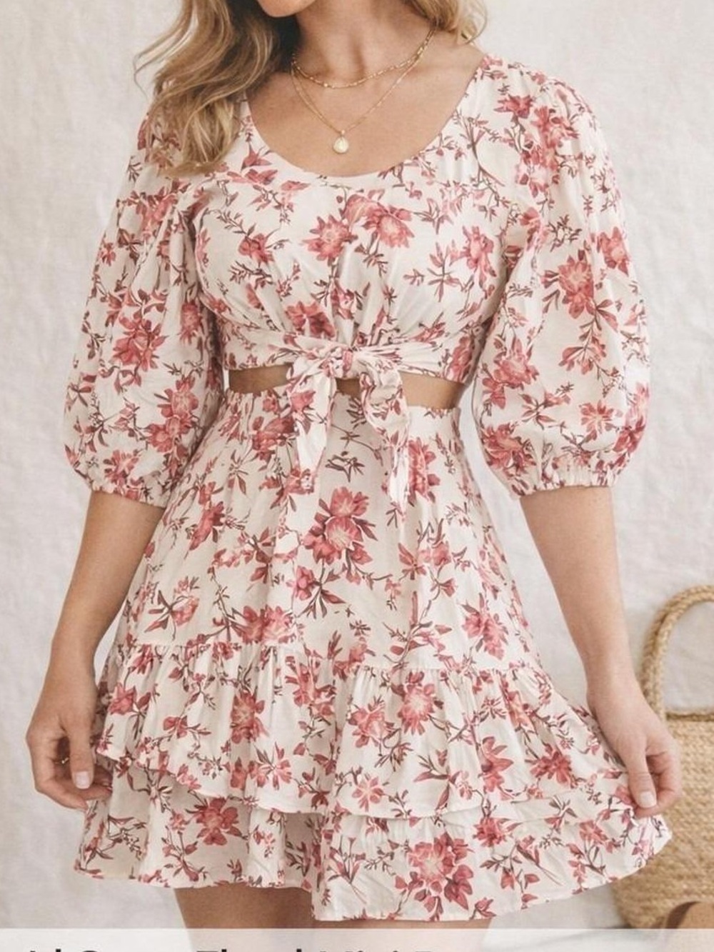Altar'd State Cream Mini Dress with Pink Floral Tie-Front